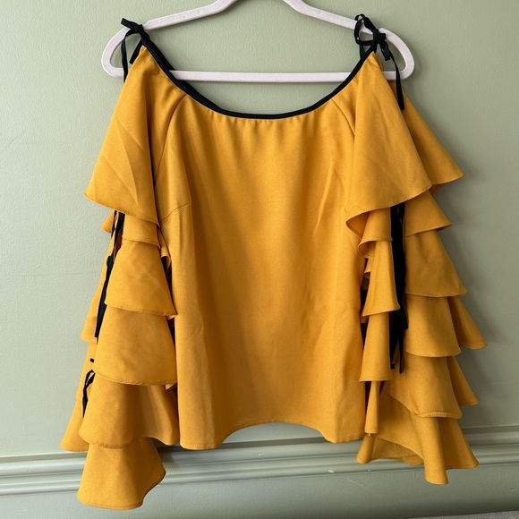 Mustard & Black Tie-Up Sleeve Blouse - Picture 1 of 7